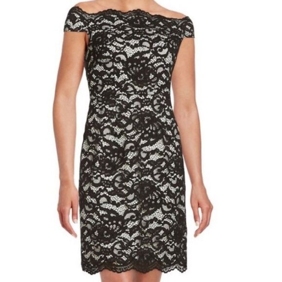 Aidan by Aidan Mattox Contrast Lined Lace Shoulder Baring Sheath Cocktail Dress - Picture 1 of 10